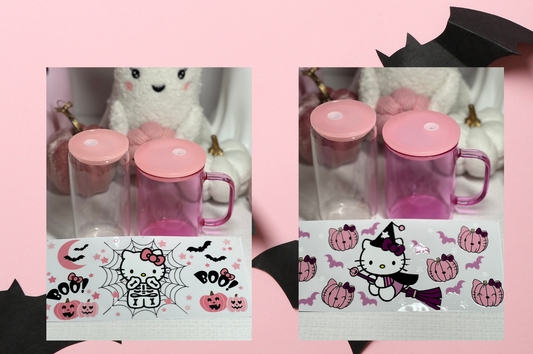 Kitty Pink Spooky Glass cup Kawaii